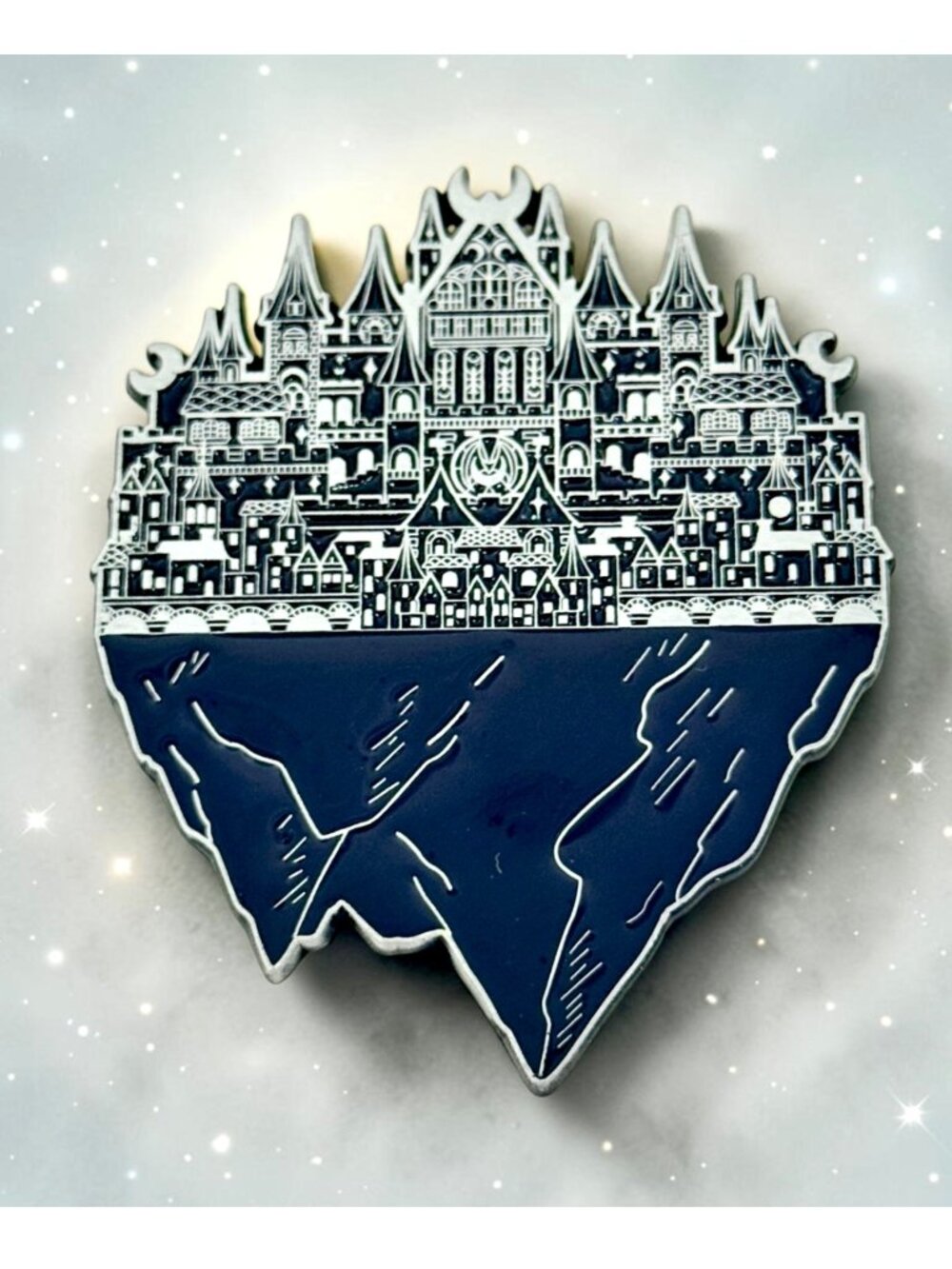 Large Black & White Enamel Gothic Fantasy Castle on a Floating Island Lapel Pin
